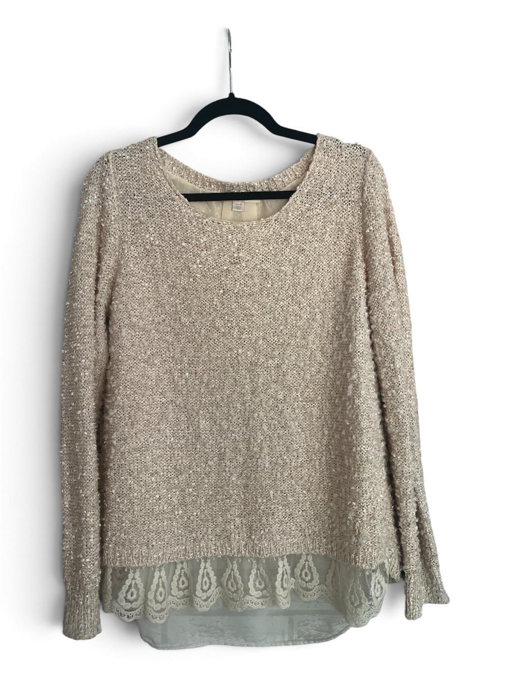 Boston Proper Sequin Tunic Sweater Oatmeal Textured Knit Sheer Lace Hem Boho M